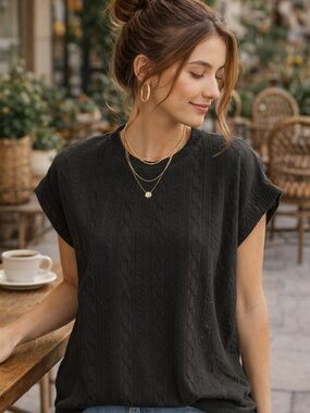 Les Amis Textured Black Blouse | Short Sleeve Knit Top | Size S NWOT